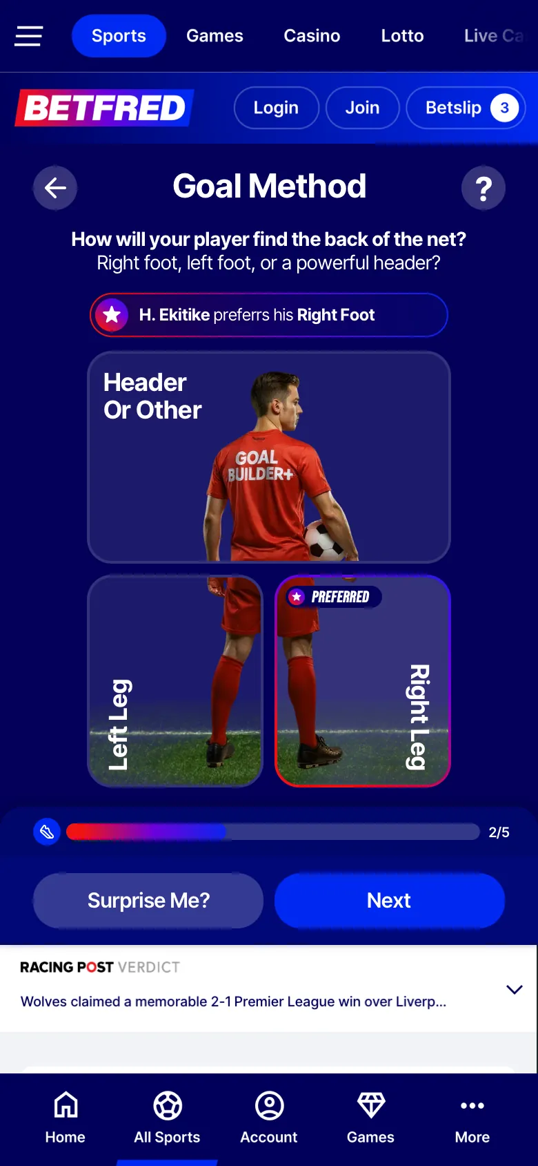 GoalBuilder+ interface: Goal Method preferred foot selection screen