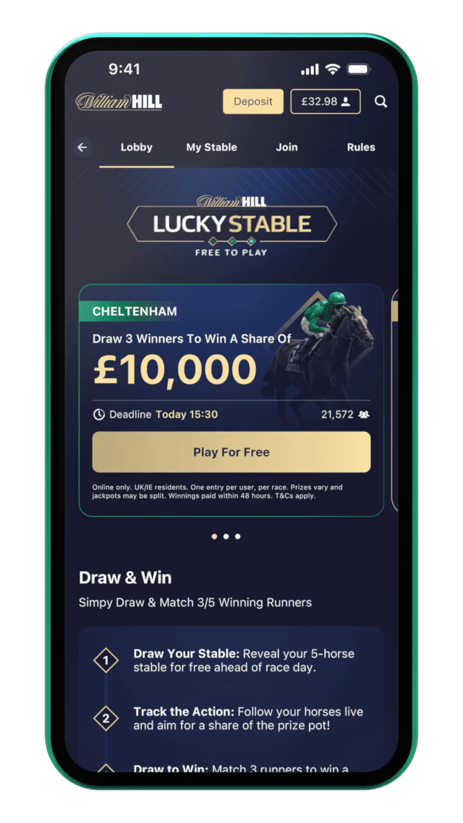 Lucky Stable lobby: draw 3 winners to win £10,000